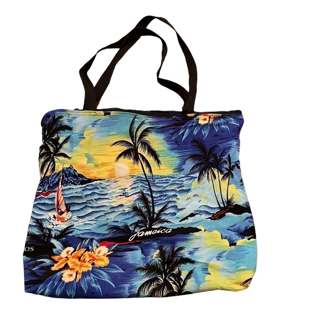 Jamaica‎ Beach Bag Blue Orange Yellow Sunset Beach Floral Zip Closure Pockets
